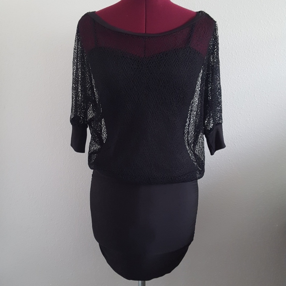 Women's Sexy Black Bodycon Dress w/Fishnet top EUC